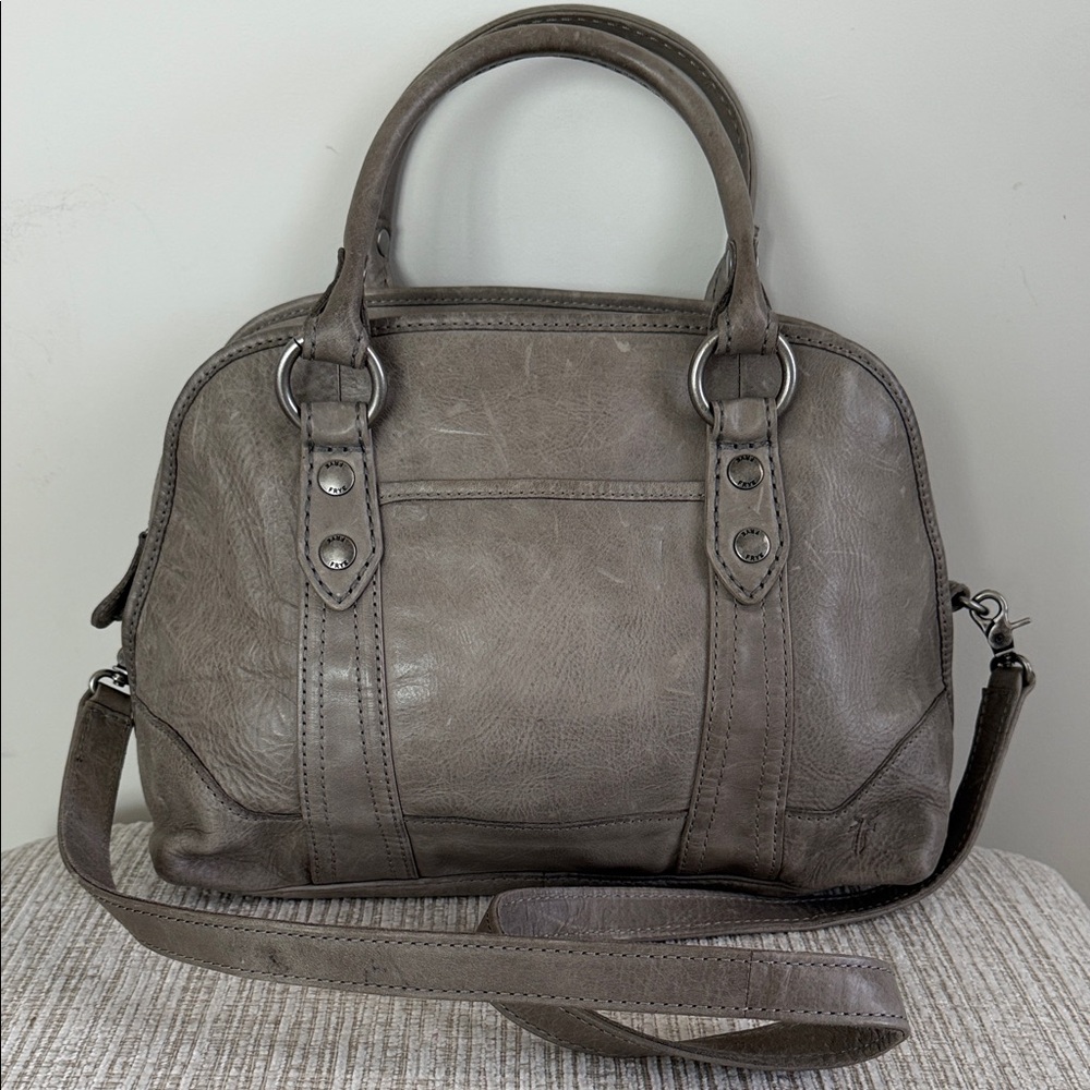 FRYE Melissa Domed Satchel Grey Distressed Leather Handbag Shoulder Bag